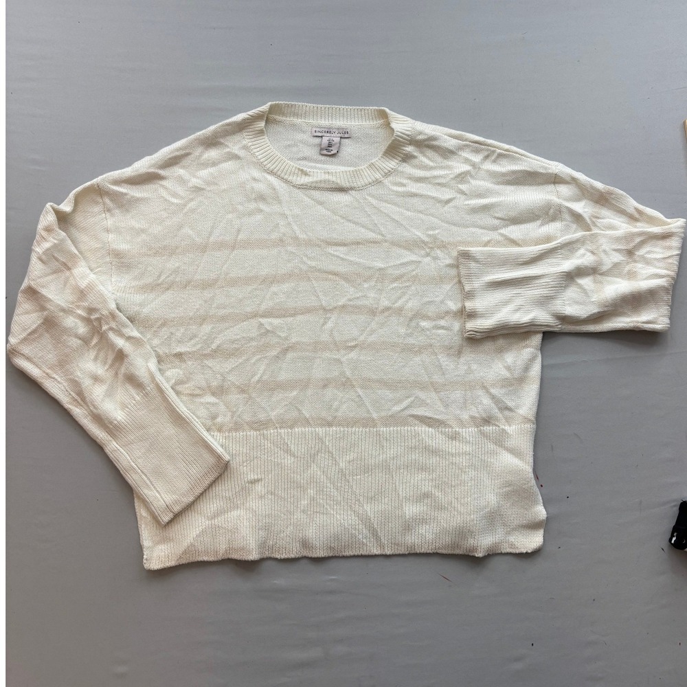 Sincerely Jules Womens Large Cream Beige Striped Crewneck Knit Sweater Relaxed